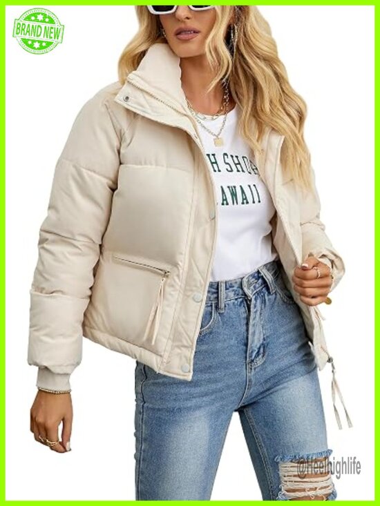 Jackets & Blazers - Cropped Puffer Jacket Full Zip Quilted Winter Coat with Pockets